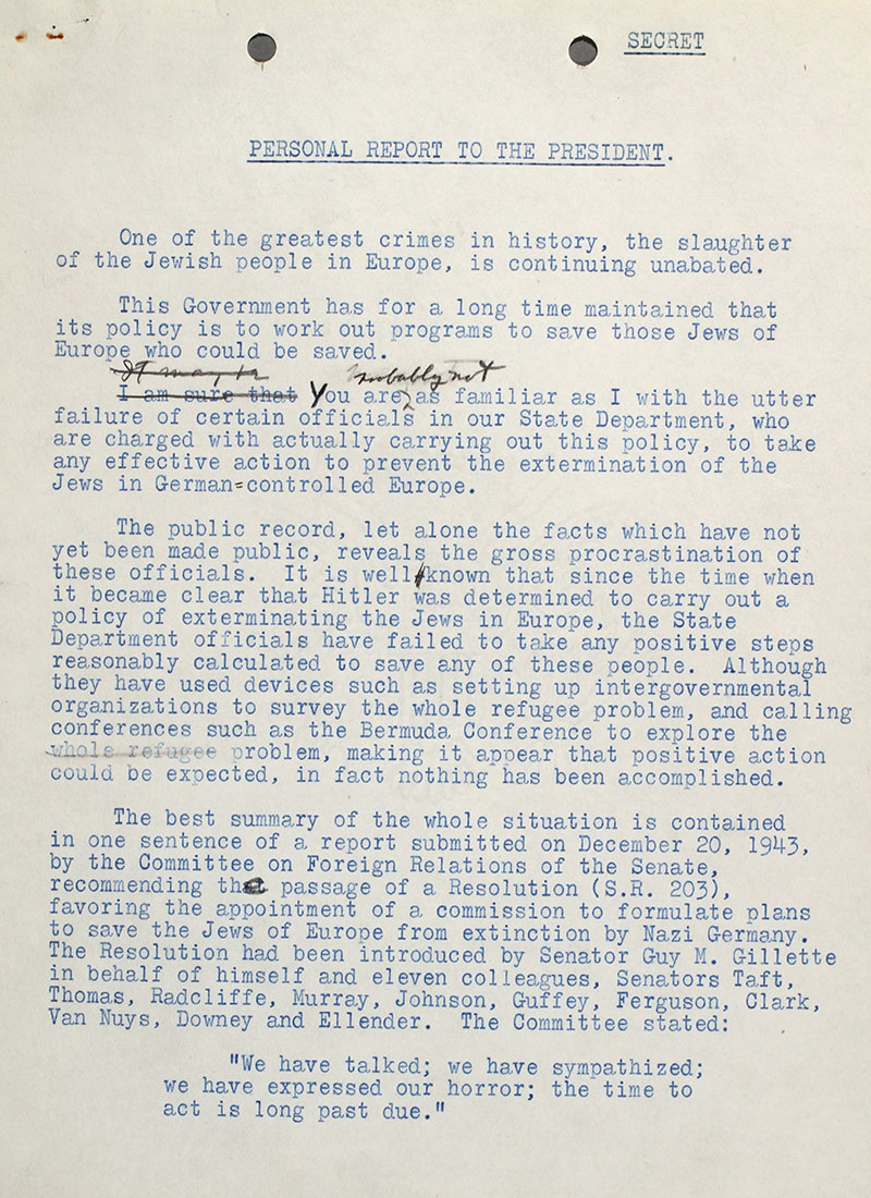 Treasury Department staff drafted this memo informing Roosevelt that Long and the State Department had been obstructing efforts to aid Jews.